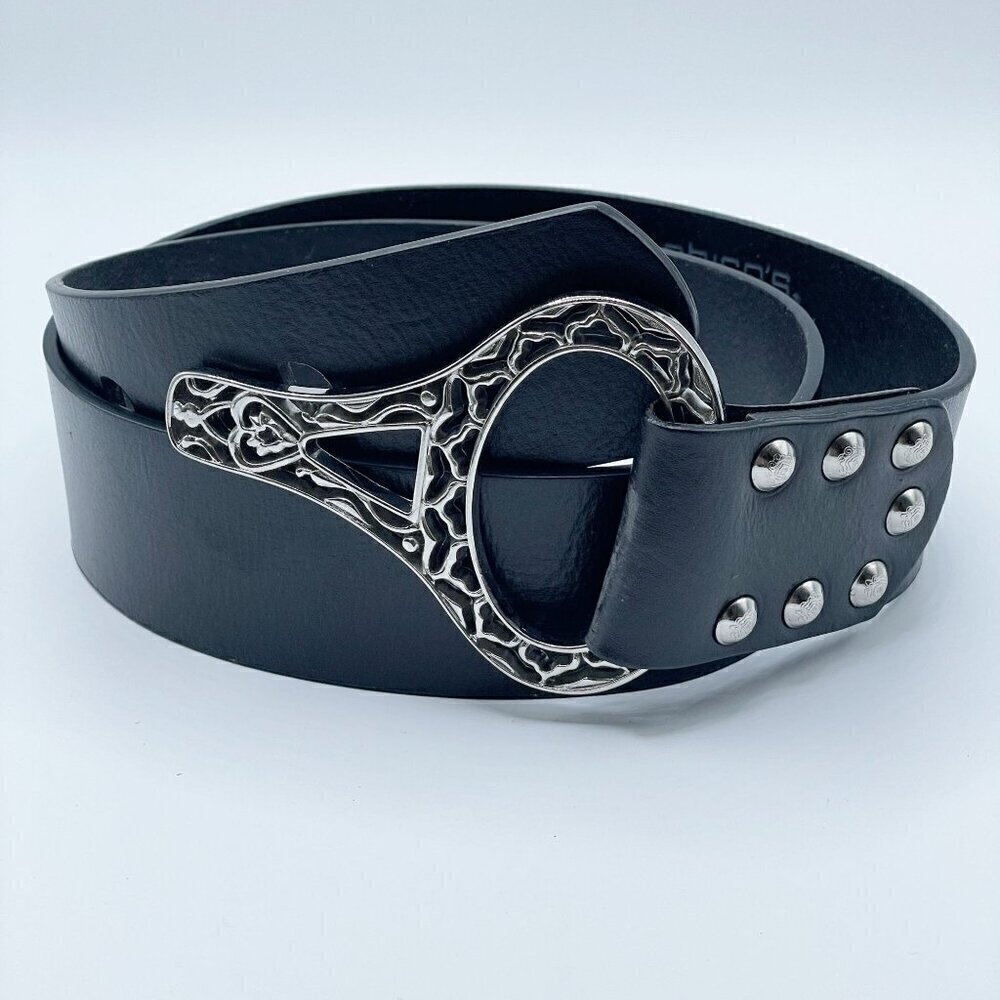 Chico's Wide Black Leather Waist Hip Belt Silvertone Pin Buckle Women's Large